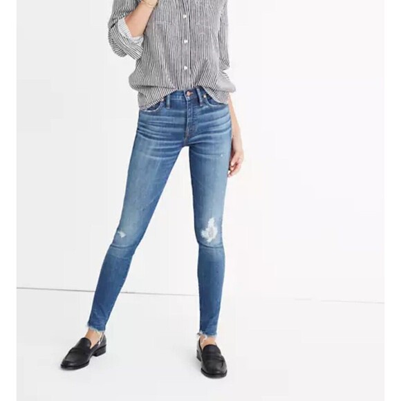 Madewell 10” High-Rise Skinny Jeans Medium Wash Distressed Raw Hem Size 27 EUC!! - Picture 1 of 6